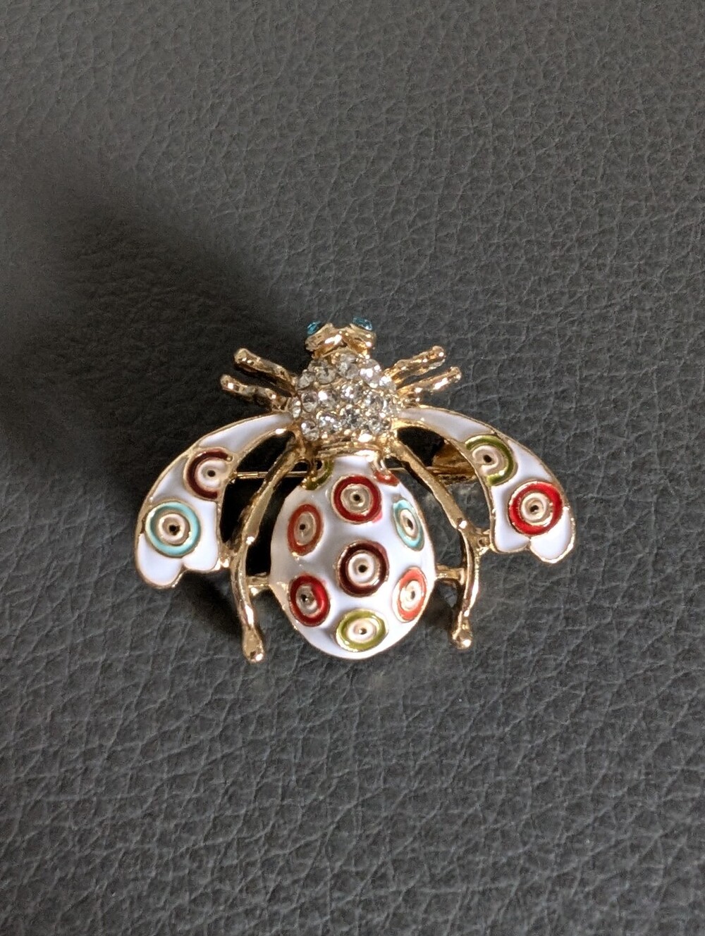 Retro Gold-Tone Multicolor Lux Enamel Bee Brooch White, Red, Teal Accents